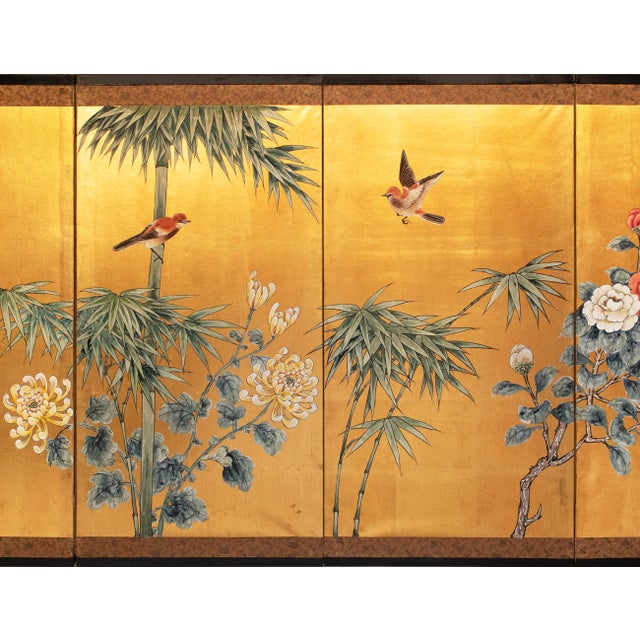 Chinoiserie 1970s "Chrysanthemums and Sparrows", Antique Style Chinoiserie Painted Screen For Sale - Image 3 of 18