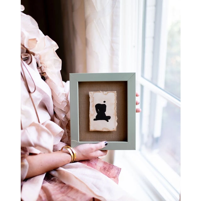 Mixed media figure Float framed in a sage green laquer frame on textured linen mat Framed to 7.5" x 9" The After Midnight...