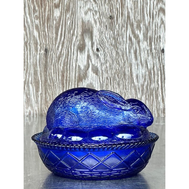 Bring a whimsical touch to your decor with this vintage boho pressed glass rabbit lidded trinket dish, a charming piece...