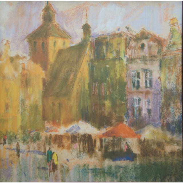 Czeslaw Galuzny Polish Town Market Ville De Costes Pastel Print on Board 28" For Sale - Image 4 of 11