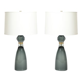 Modernist Faceted Smoked Graphite Murano Glass Hourglass Form Table Lamps For Sale