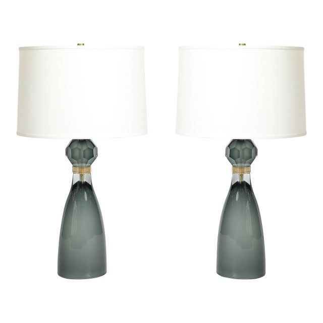 Modernist Faceted Smoked Graphite Murano Glass Hourglass Form Table Lamps For Sale