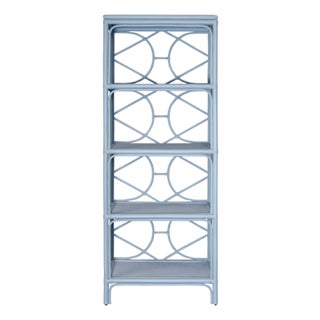 Matthew Izzo Home Danielle Light Blue Rattan Four Shelf Etagere With Decorative Back For Sale
