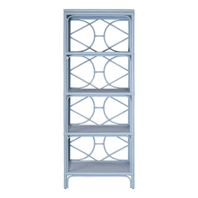 Matthew Izzo Home Danielle Light Blue Rattan Four Shelf Etagere With Decorative Back For Sale
