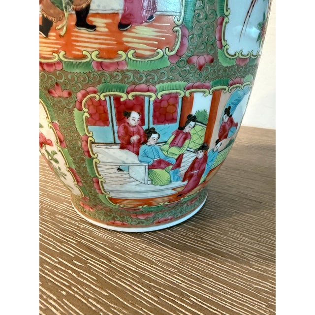Light Green 19th C. Chinese Famille Rose-Style Porcelain Vase With Figural Scenes and Gilt Handles For Sale - Image 8 of 17