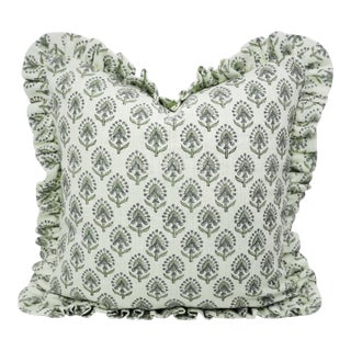 Block Print Boho Frill Pillow Cover Handmade Floral, Double-Sided 18x18 Inch- Gurukul For Sale