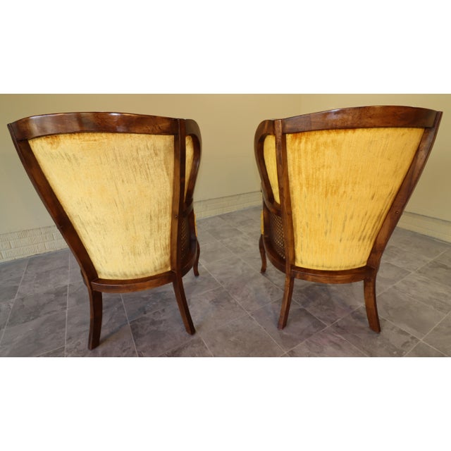 Pair of Monumental 1970s Cane and Gold Velvet Horseshoe Wingback Chairs For Sale - Image 9 of 17