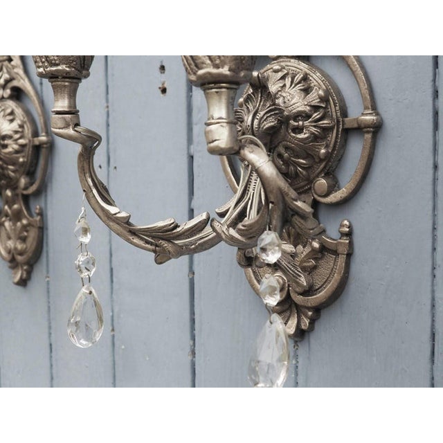 Italian Hollywood Regency Crystal Sconces in Silvered Metal, 1960s, Set of 2 For Sale - Image 9 of 18