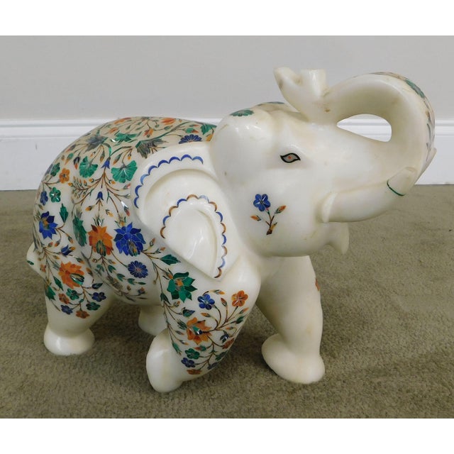 Large Vintage Marble Elephant Figurine Inlaid With Malachite