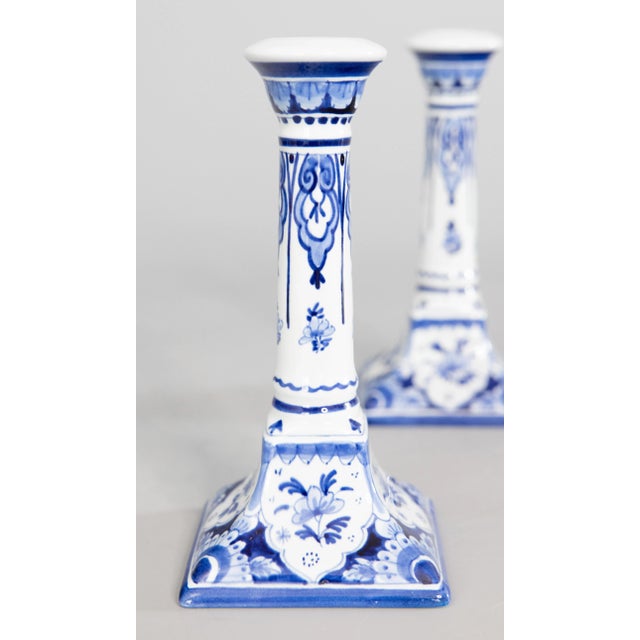 French Country Vintage Dutch Delft Faience Floral Candlesticks - a Pair For Sale - Image 3 of 8