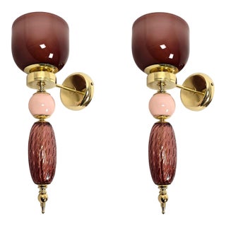 1990s Burgundy and Pink Murano Glass Sconces - a Pair For Sale