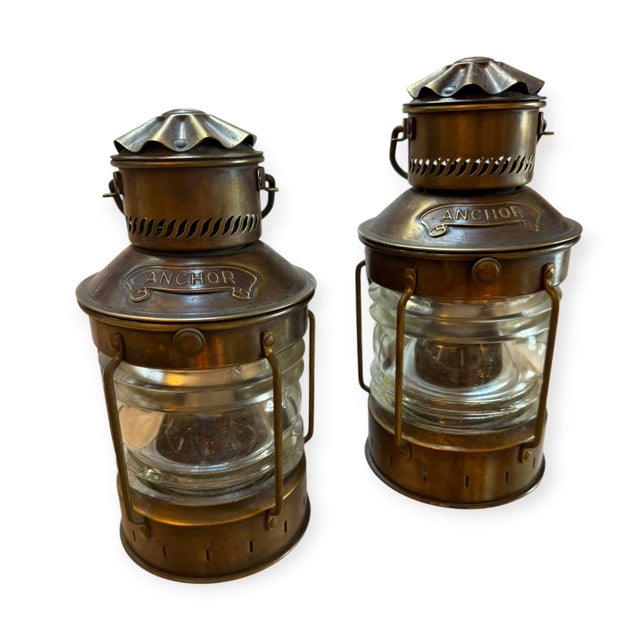 Brass Mid 20th Century Nautical Mid Century Lantern Wall Sconces With “Anchor” Design - a Pair For Sale - Image 8 of 10