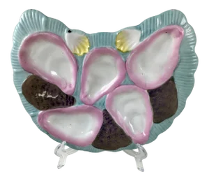 French Porcelain Half Moon Pink Shell on Baby Blue Oyster Plate