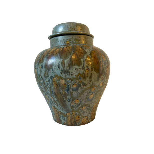 Mid Century Artisan Ceramic Shades of Brown and Blue Drip Glaze Urn Vase Vessel Vintage Pottery Signed Refined Ceramic...