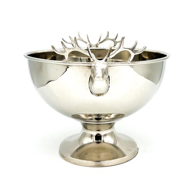 English Vintage Polished Stainless Steel Deer Head Pedestal Bowl / Wine Cooler – Equestrian / Lodge / English Country For Sale - Image 3 of 11