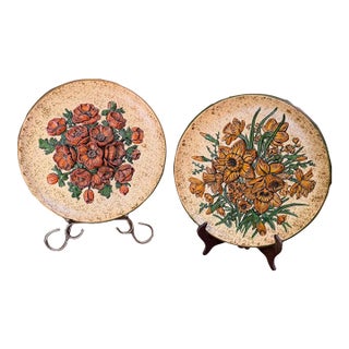 2 Vintage Large 3d Floral Wall Hanging Plates Poppies Daffodils Mid Century MCM For Sale