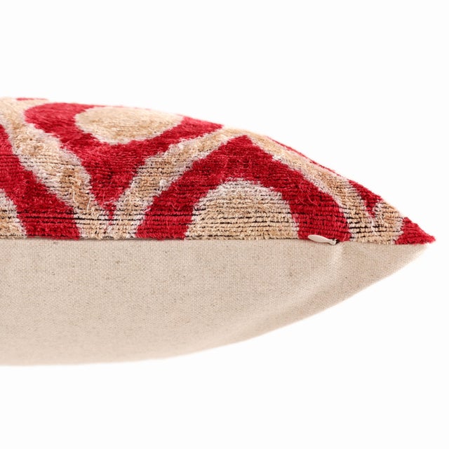 Textile Red Geometric Silk Velvet Pillow 20x20 | Handmade Designer Accent Cushion For Sale - Image 7 of 8