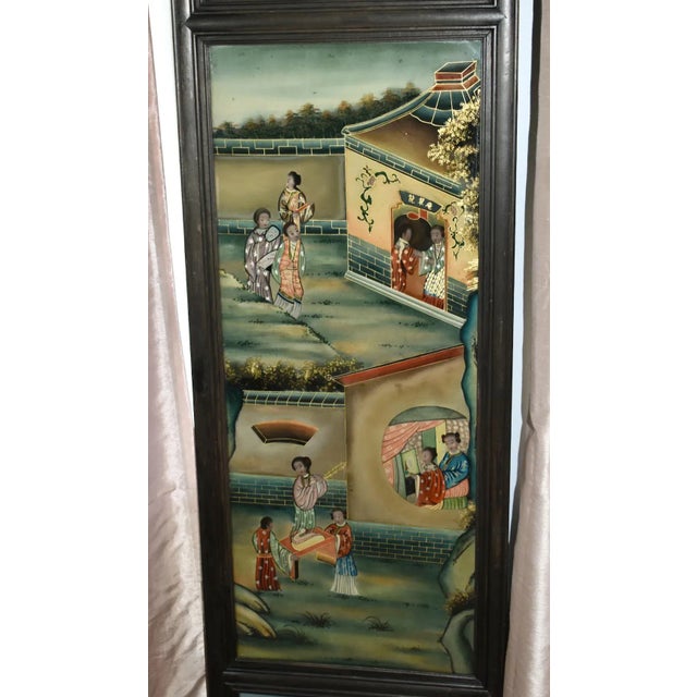 Antique Wall Plaque Chinese Reverse Painted Glass 3 Section Panel Black Frame For Sale - Image 4 of 10