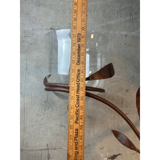 Late 20th Century Jan Barboglio Forged Iron Candelabra 2-Arm Vine Leaves Glass Votives Signed 19" For Sale - Image 11 of 11