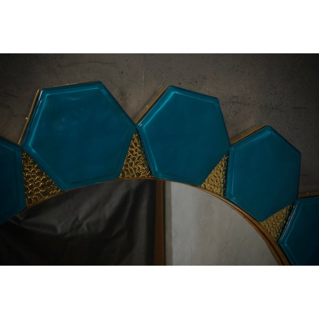 Blue Art Deco Wall Mirror in Murano Blue Glass and Brass, 2000 For Sale - Image 8 of 11