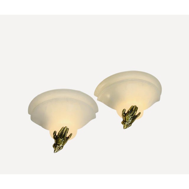Goldenrod Art Deco Alabaster Wall Lights with Bronze Hands, 1970s, Set of 2 For Sale - Image 8 of 10