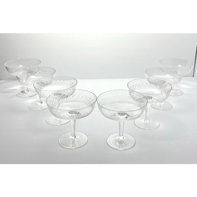 Mid-Century Modern 1950s Mid-Century Modern Coupe Champagne Glasses Criss-Cross X Fishnet Cuts - Set of 8 For Sale - Image 3 of 8