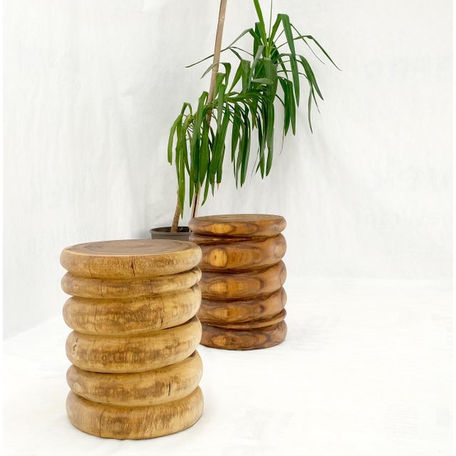 Wood Pair Solid Carved Wood Cylinder Shape Bases Glass Top End Side Tables Stands For Sale - Image 7 of 18