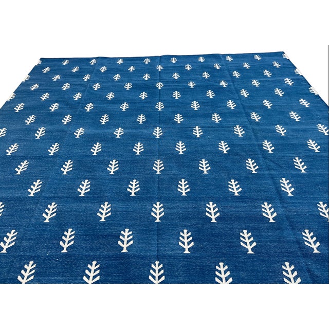 Royal Blue Not Yet Made - Made To Order Handmade Cotton Rug Vegetable Dyed Indigo Blue and White Tree Pattern Dhurrie - 9'x12' For Sale - Image 8 of 11