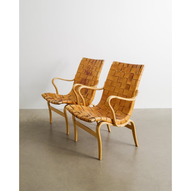 Mid-Century Swedish Eva Armchairs in Birch and Brown Leather by Bruno Mathsson for Firma Karl Mathsson, 1970s, Set of 2 For Sale - Image 3 of 8