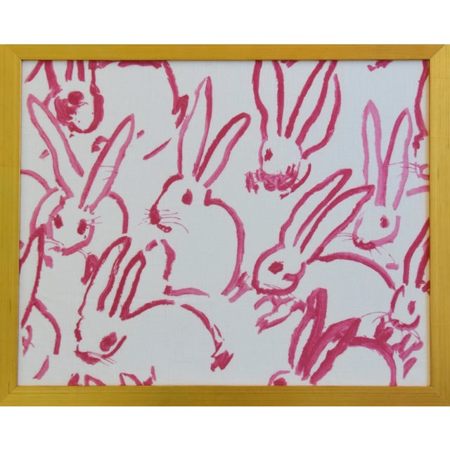 Hunt Slonem 21st Century Framed Hunt Slonem Pink & White Bunny Hutch Fabric Textile With Gold Frame For Sale - Image 4 of 8