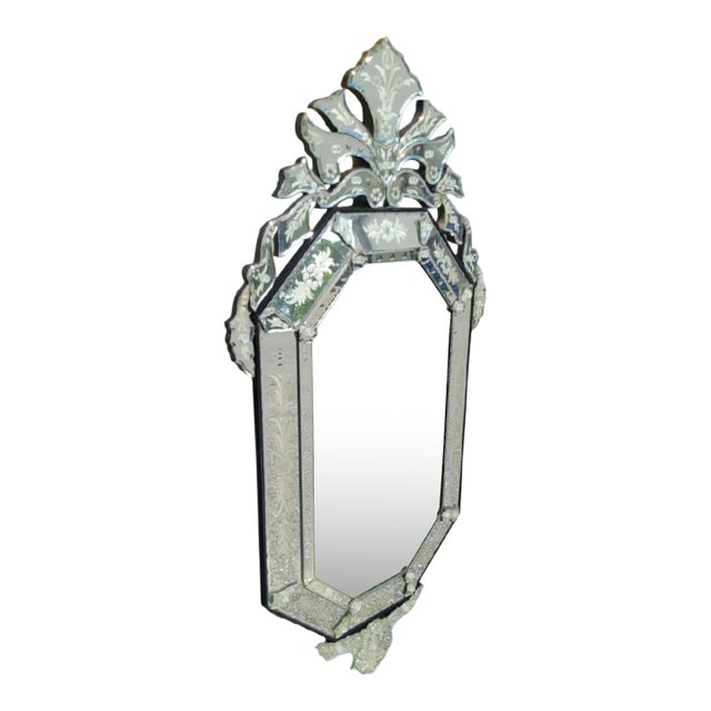 Venetian Hollywood Regency Etched Cut Glass Pagoda Style Narrow Wall Mirror For Sale