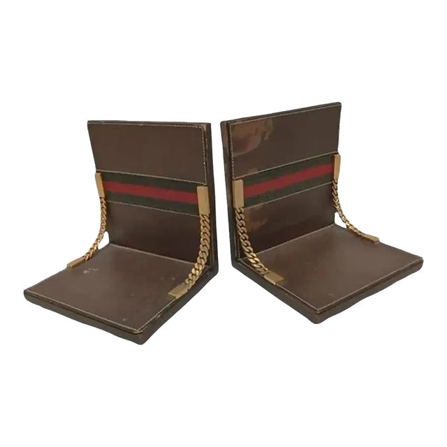1970s Vintage Gucci Leather and Brass Bookends - Pair For Sale