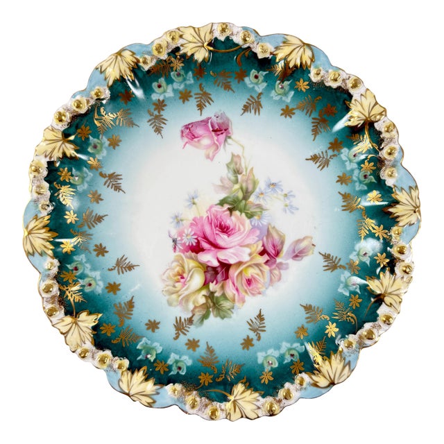 1900s Bohemia Porcelain Teal Blue Gilded Rose Plate For Sale
