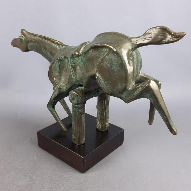 Modern Brass Sculpture of Horse Jumping Over Wooden Base, 1980s For Sale - Image 3 of 18