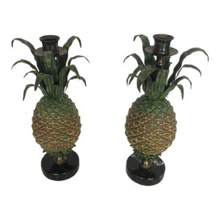 Tole and Brass Pineapple Candlesticks - a Pair For Sale