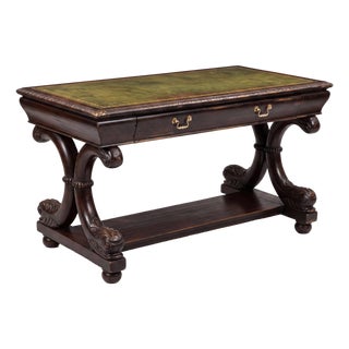 19th-C. English Regency Ebonized Library Table Desk Console Green Leather Top For Sale