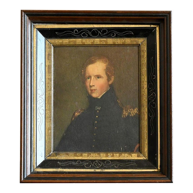 Early 20th Century Antique Black and Gold Banner Detail Wooden Frame With Major Biddle Print For Sale