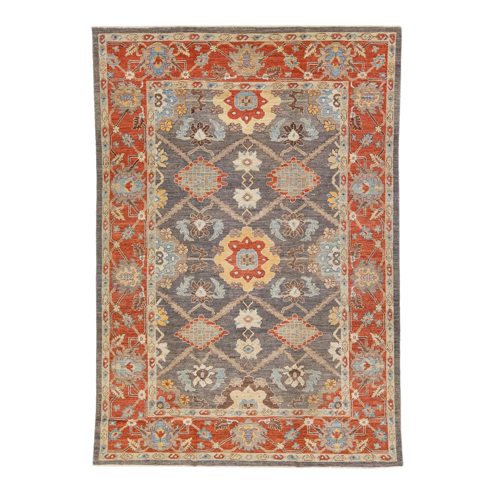 Modern Sultanabad Handmade Gray & Rust Wool Rug With Allover Motif ...