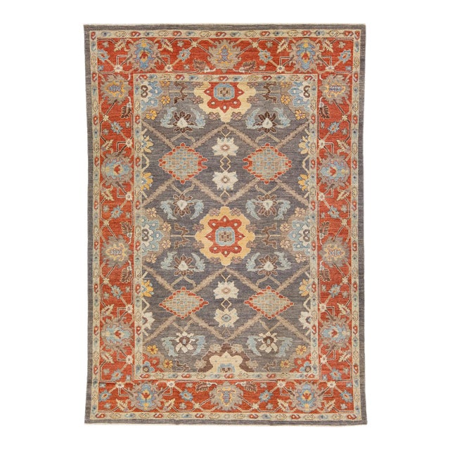 Modern Sultanabad Handmade Gray & Rust Wool Rug With Allover Motif For Sale