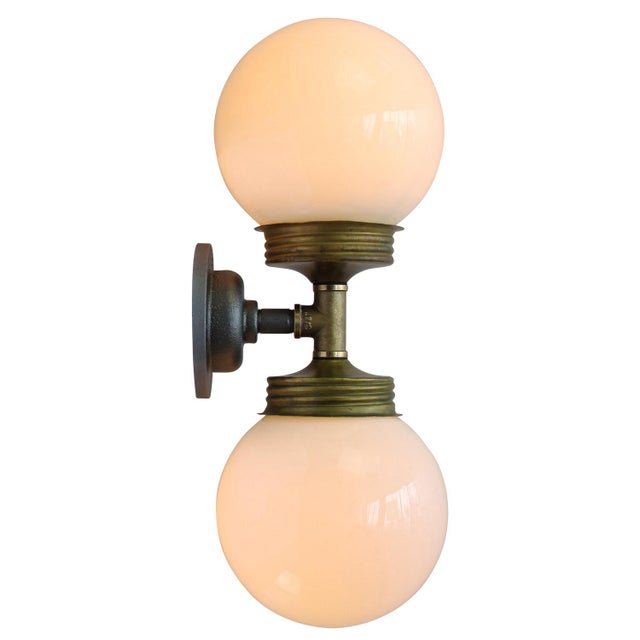 Metal Vintage Double Sconce Wall Lamp in Cast Iron, Opaline Glass and Brass For Sale - Image 7 of 10