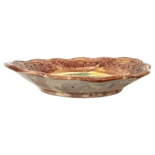 Antique majolica fern bowl with rays and frieze design around the perimeter. Mottled design on the back. No maker's mark.