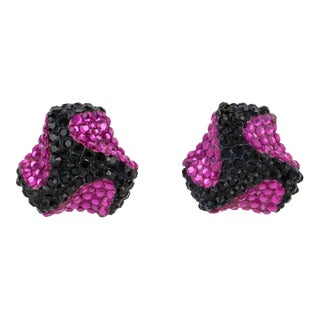 Richard Kerr Pair of Clip Earrings Black and Fuchsia Crystal Jeweled Paved For Sale