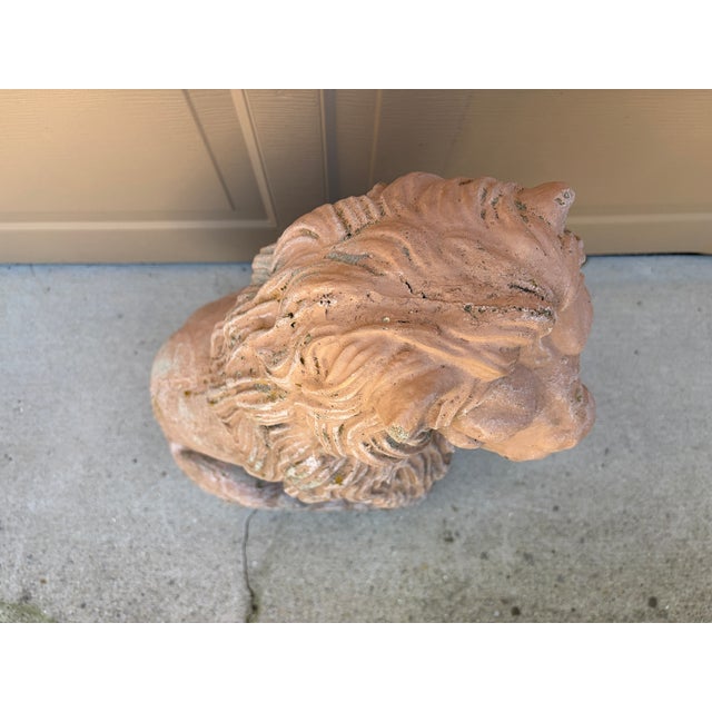 Vintage Italian Provincial Cast Concrete Lion Garden Statue With Weathered Terracotta Finish For Sale In South Bend - Image 6 of 12