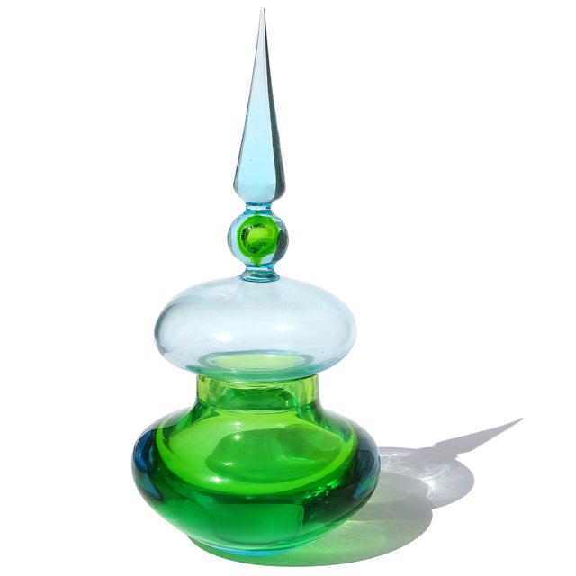Mid-Century Modern Vintage Murano Cenedese Da Ros Sommerso Green Blue Italian Art Glass Spike Top Spage Age Container Jar For Sale - Image 3 of 9