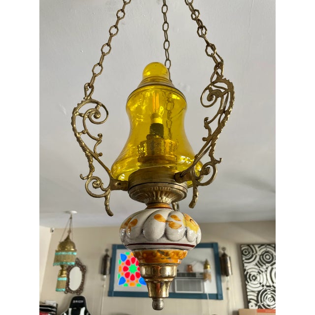 Early 20th Century Vintage Brass Cast Pendant With Handblown Glass For Sale - Image 5 of 11