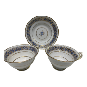 Antique Blue and Gold Two Tea Cup & One Saucer Set Porcelain