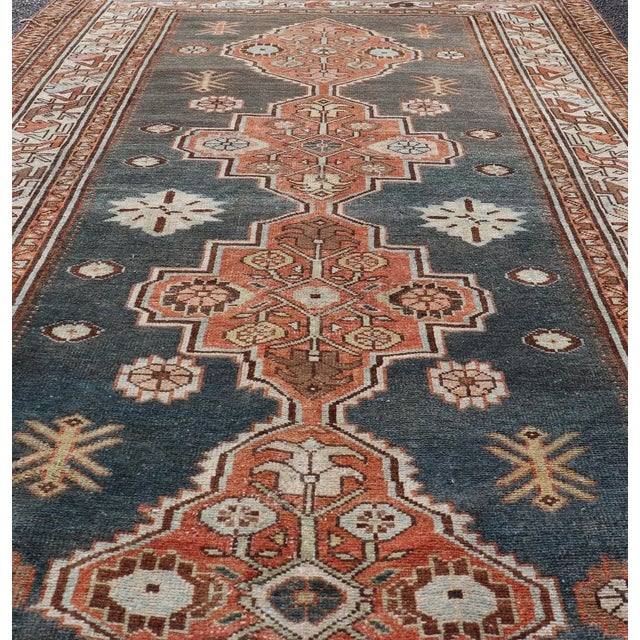 Antique Persian Hamadan Rug With Central Sub-Geometric Medallion in Blue-Gray For Sale - Image 4 of 11