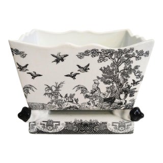 Vintage Black and White Chinoiserie Toile Rabbit Rooster Design Rectangular Ceramic Planter For Sale