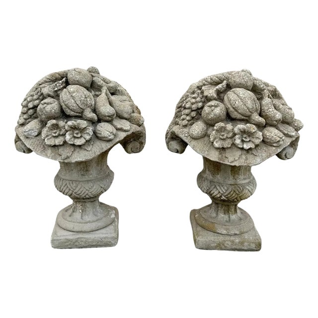 Vintage Cast Cement Stone 26" Fruit & Flower Basket Garden Lawn Ornament - Pair For Sale