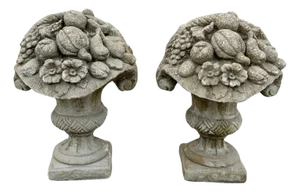 Vintage Cast Cement Stone 26" Fruit & Flower Basket Garden Lawn Ornament - Pair